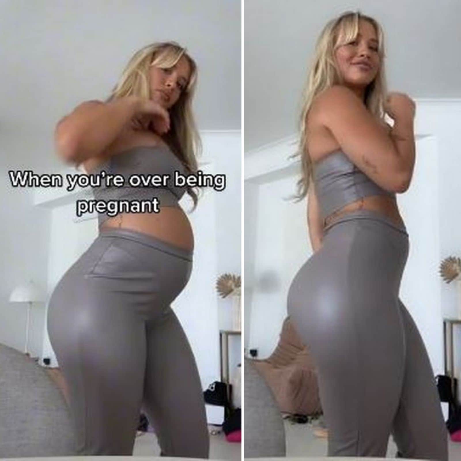 woman pregnancy pose to hide baby bump