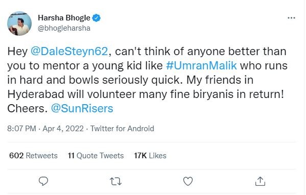 pacer umran malik, umran malik bowling speed, srh bowler umran malik, fast bowler umran malik news, harsha bhogle on umran malik, harsha bhogle praises umran malik, umran malik mentor dale steyn, harsha bhoglen on dale styen, dale steyn mentor srh, sunrisers hyderabad, ipl, indian premier league, तेज गेंदबाज उमरान मलिक, उमरान मलिक तेज गेंदबाजी, तेज गेंदबाज उमरान मलिक, उमरान मलिक की गेंदबाजी स्पीड, मेंटर डेल स्टेन