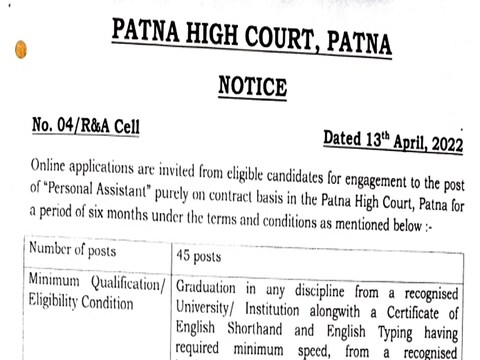 Sarkari Naukri 2022 Patna High Court Recruitment 2022: आवेदन प्रक्रिया शुरू हो गई है.