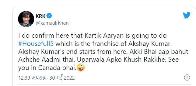 KRK claims that akshay kumar career almost finished also predicts kartik aaryKRK claims that akshay kumar career almost finished also predicts kartik aaryan will do housefull 5KRK claims that akshay kumar career almost finished also predicts kartik aaryan will do housefull 5an will do housefull 5
