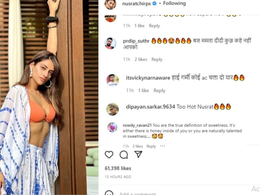  एक यूजर ने ममता बनर्जी (Mamta Banerjee) पर तंज कसते हुए लिखा, 'बस ममता दीदी कुछ कहे नहीं आपको'. दूसरे ने लिखा, 'हाई गर्मी कोई ac चला दो यार'. इसके साथ ही कुछ तो उनकी ऑरेंज ब्रा को देखकर ही शॉकिंग रिएक्शन्स दे रहे हैं. (Images credit- @Nusrat Jahan instagram)