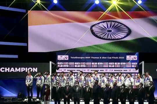 भारत ने फाइनल में 14 बार के चैंपियन इंडोनेशिया को हराकर पहली बार थॉमस कप जीता. (PC- Twitter/SAIMedia)