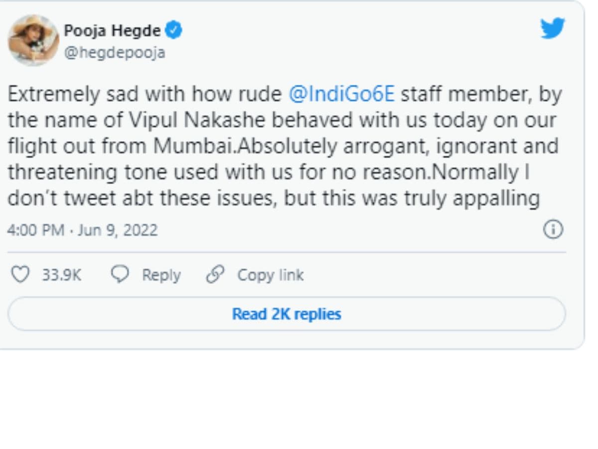 Pooja Hegde, Pooja Hegde News, Pooja Hegde complains about Indigo airline staff, Indigo airline, Pooja Hegde Tweet, Social Media, Viral Tweet,Pooja Hegde complains  about Indigo airline staff for their threatening tone, पूजा हेगड़े , पूजा हेगड़े ट्वीट, सोशल मीडिया, वायरल ट्वीट