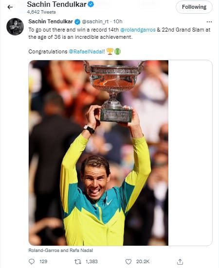 rafael nadal 14th french open title, tennis player rafael nadal, rafael nadal beat casper ruud, french open tennis, french openn 2022, french open final, rafael nadal french open champion, rafael nadal vs casper ruud, french open final nadal vs casper ruud, sachin tendulkar on rafael nadal achievement, ravi shastri wishes rafael nadal, ravi shastri on rafael nadal, virender sehwag wishes rafael nadal, राफेल नडाल, राफेल नडाल 14वीं बार फ्रेंच ओपन चैंपियन