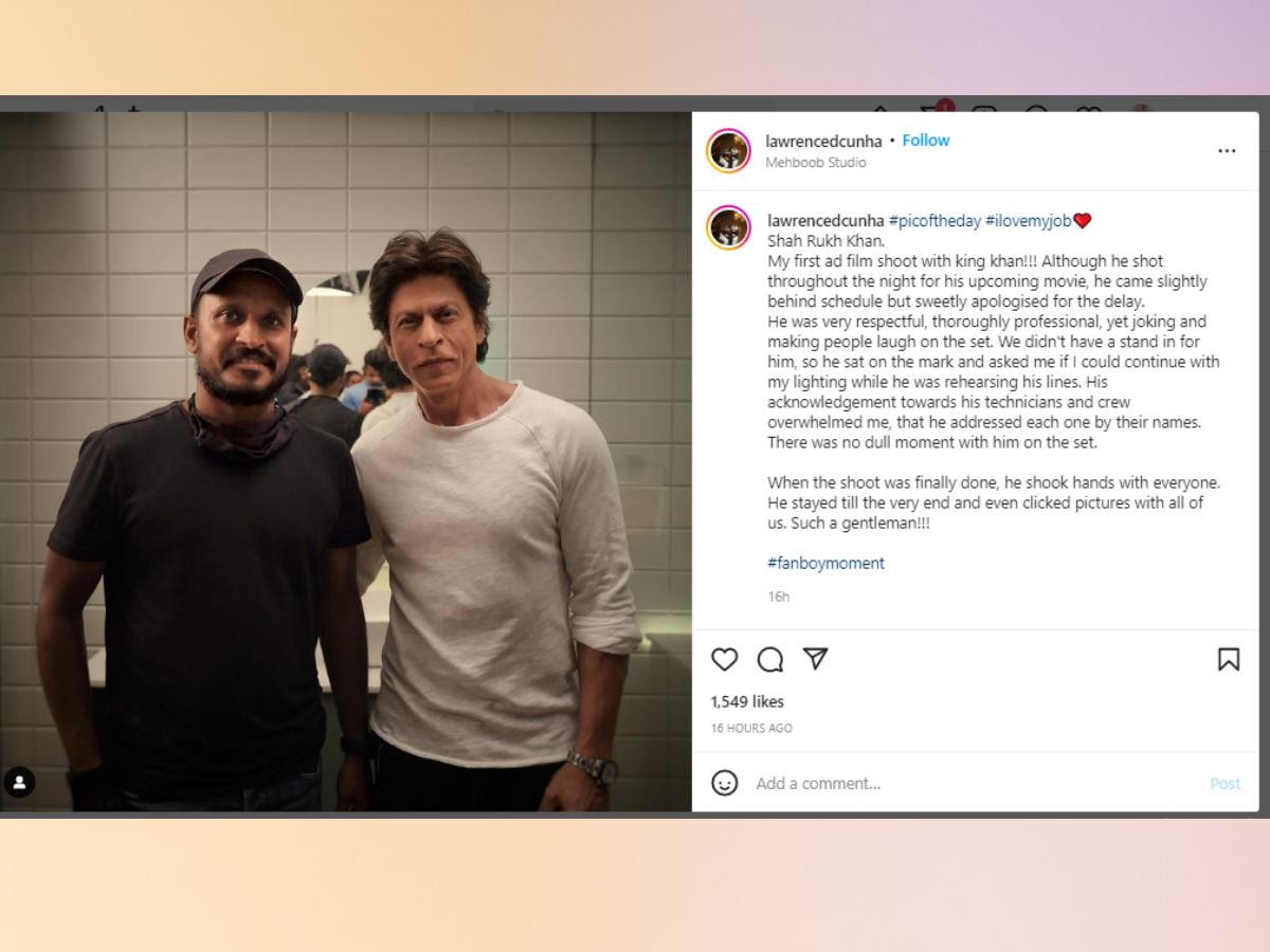 Shah Rukh Khan when arrived late for ad shoot and apologised for delay cinematographer Lawrence Dcunha share post