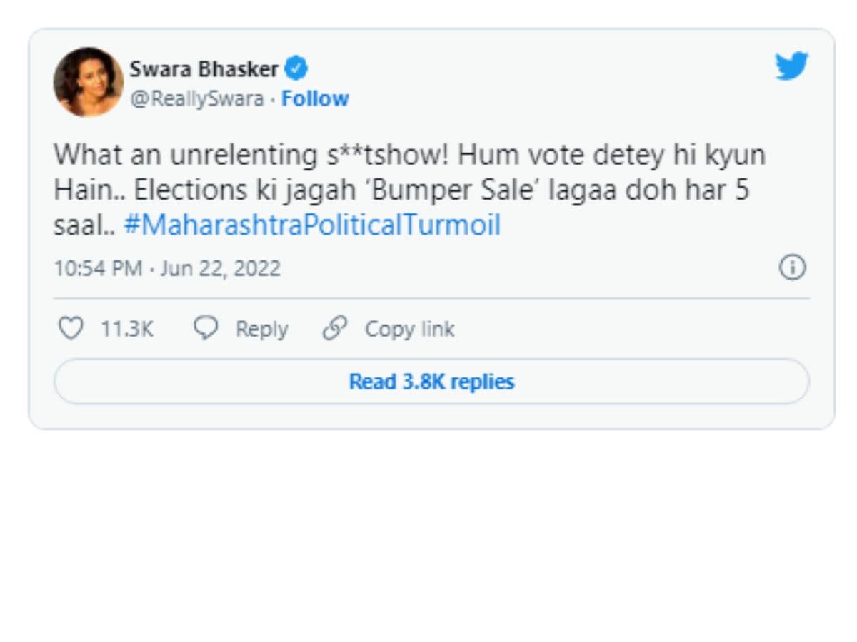 Swara Bhasker, Swara Bhasker tweet, maharashtra politics crisis, maharashtra politics, Social Media, Viral Tweet, स्वरा भास्कर, स्वरा भास्कर ट्वीट, महाराष्ट्र राजनीति