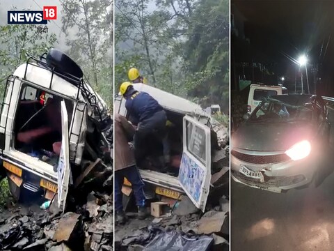केदारनाथ और बद्रीनाथ मार्ग में पहाड़ी से बोल्डर गिरने के हादसों में क्षतिग्रस्त हुए वाहन.