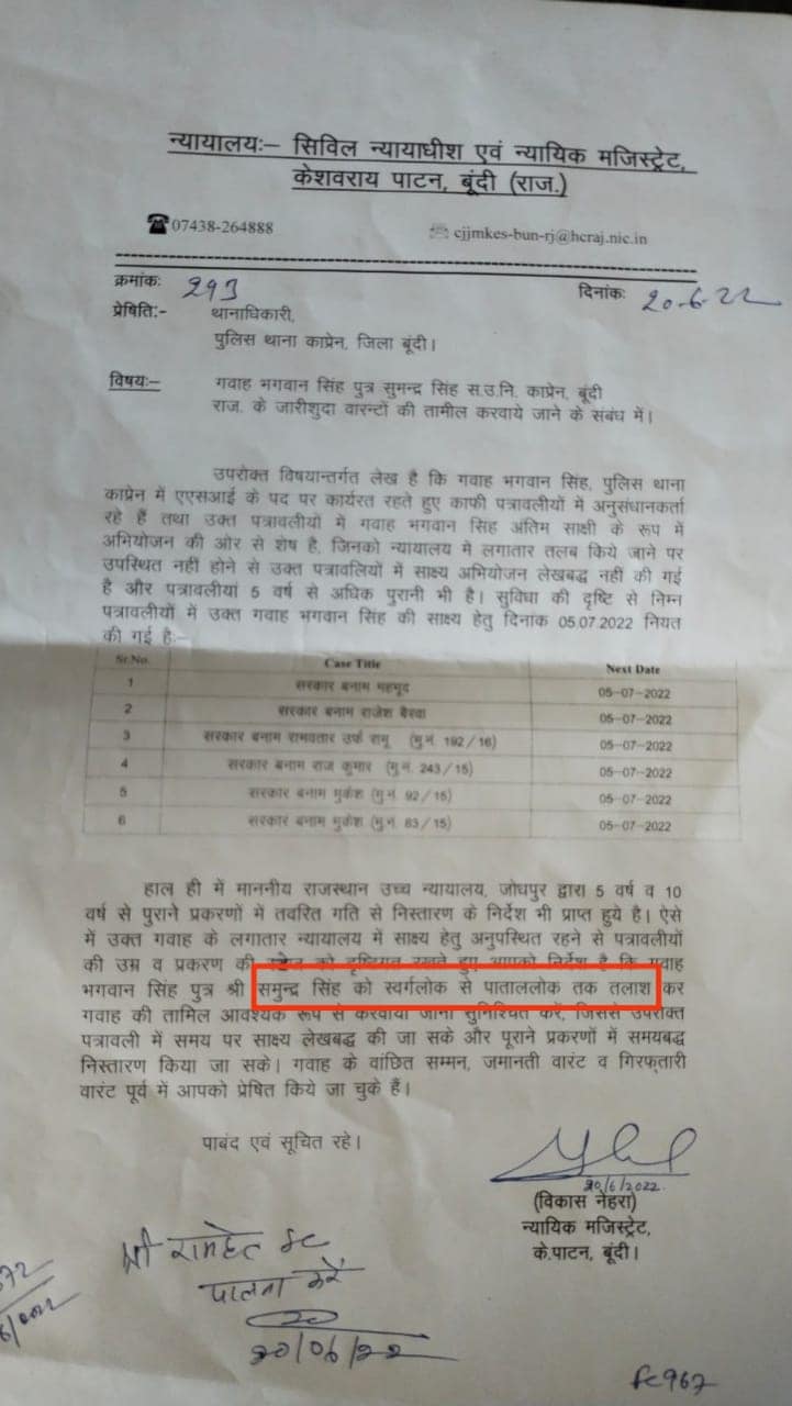 civil court order viral, swarg se patal tak khojo gawah ko, warrant against witness, keshoraipatan civil court, keshoraipatan judicial magistrate order, bundi court, rajasthan high court, gawah bhagwan singh, pending cases in court, how many pending cases in rajasthan courts, Keshoraipatan Adalat, Viral Order of Civil Judge, Order of Civil Judge, Gawan Bhagwan Singh, Bhagwan Singh to appear in Court, Rajasthan High Court, Direction of Jodhpur High Court, Order of Judicial Officer Vikas Mehra, Order of Civil Court Viral, Heaven to Hades till the order of search of the witness,