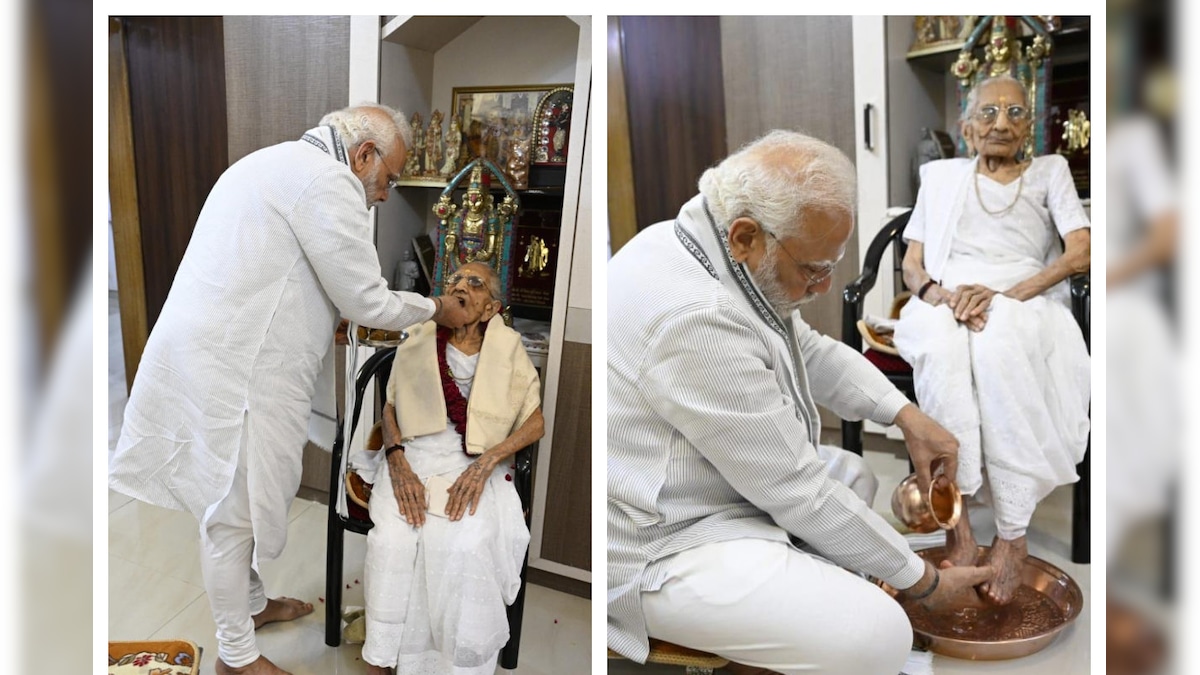PHOTOS: 100वे जन्मदिन पर पीएम मोदी ने मा के चरण धोकर लिए आशीर्वाद अपने हाथो से खिलाई मिठाई