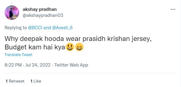 deepak hooda, all rounder deepak hooda, deepak hooda wear prasidh krishna jersey, Deepak Hooda Spotted Wearing Prasidh Krishna's Jersey, india vs west indies 2nd odi, india national cricket team, west indies national cricket team, fans trolls bcci, bcci, deepak hooda ne prasidh krishna ki jeersey pahni, दीपक हुड्डा, दीपक हुडा, भारत बनाम विंडीज दूसरा वनडे 