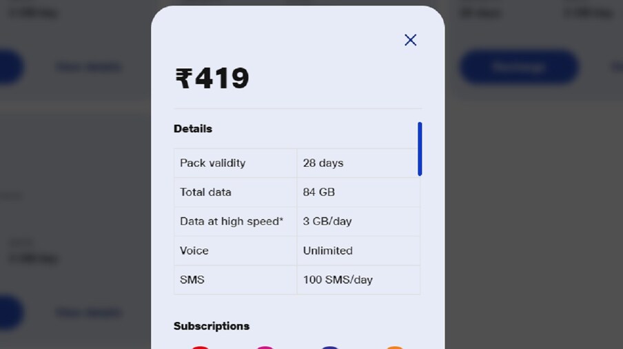 Jio ग्राहकों के लिए 419 रुपये का प्रीपेड प्लान ऑफर करता है. ये प्लान अनलिमिटेड बेनिफिट्स के साथ आता है. ग्राहकों को कंपनी के इस प्लान में 3GB डेटा और अनलिमिटेड कॉलिंग की सुविधा दी जाती है.
