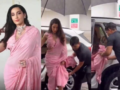 नोरा फतेही का पल्लू उठाते हुए उनका सिक्योरिटी गार्ड. (फोटो साभारः Instagram Videograb)