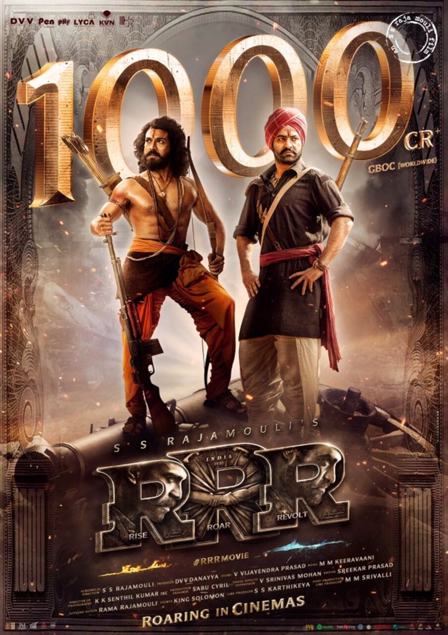  RRR (1131.1 करोड़) : एस.एस. राजामौली द्वारा निर्देशित इस फिल्म में एन.टी. रामा राव जूनियर, राम चरण, अजय देवगन, आलिया भट्ट मुख्य भूमिकाओं में हैं. (फोटो क्रेडिट : Instagram @Film Poster)