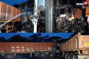 PHOTOS: करनाल में दो ट्रालों में भीषण टक्कर के बाद लगी भीषण आग, चालक जिंदा जला