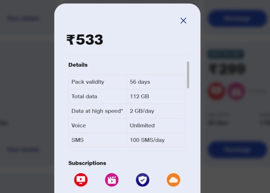 533 रुपये वाला प्लान: इस प्लान में ग्राहकों को 56 दिन की वैलिडिटी दी जाती है. इस प्लान में हर दिन 2जीबी डेटा पा सकते हैं. इसका मतलब ये हुआ कि इसमें कुल 112जीबी डेटा दिया जाता है. प्लान में फ्री कॉलिंग भी दी जाती है. इसमें हर दिन 100 SMS और जियो ऐप्स का सब्सक्रिप्शन दिया जा रहा है.