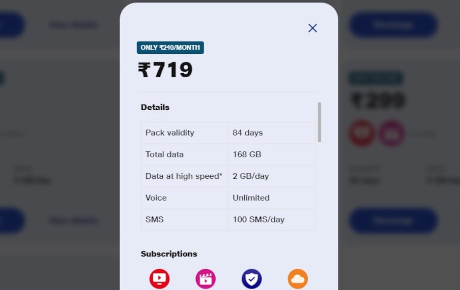  719 रुपये वाला प्लान: इस प्लान में फ्री कॉलिंग मिलती है. ग्राहक इस प्लान के साथ 84 दिनों की वैलिडिटी पा सकते हैं. इस प्लान में हर दिन 2जीबी डेटा दिया जाता है, जिसका मतलब इसमें कुल 168जीबी डेटा दिया जाता है. इसमें हर दिन 100 SMS और जियो ऐप्स का सब्सक्रिप्शन दिया जा रहा है.