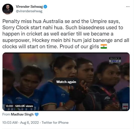 virender sehwag, virender sehwag on india women hockey team, cwg 2022, commonwealth games 2022, women hockey controvery, india women hockey team, india vs australi women hockey controversy, ind vs aus hockey watch controversy, india national women hockey team, virender sehwag, Commonwealth Games 2022