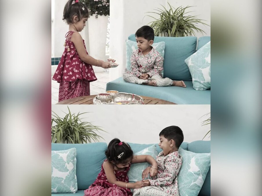 तस्वीर में यश की बेटी आर्या अपने भाई की आरती उतारते दिख रही है और फिर वो अपने कोमल हाथों से उसे राखी बांधती है. (Photo Source- Instagram)