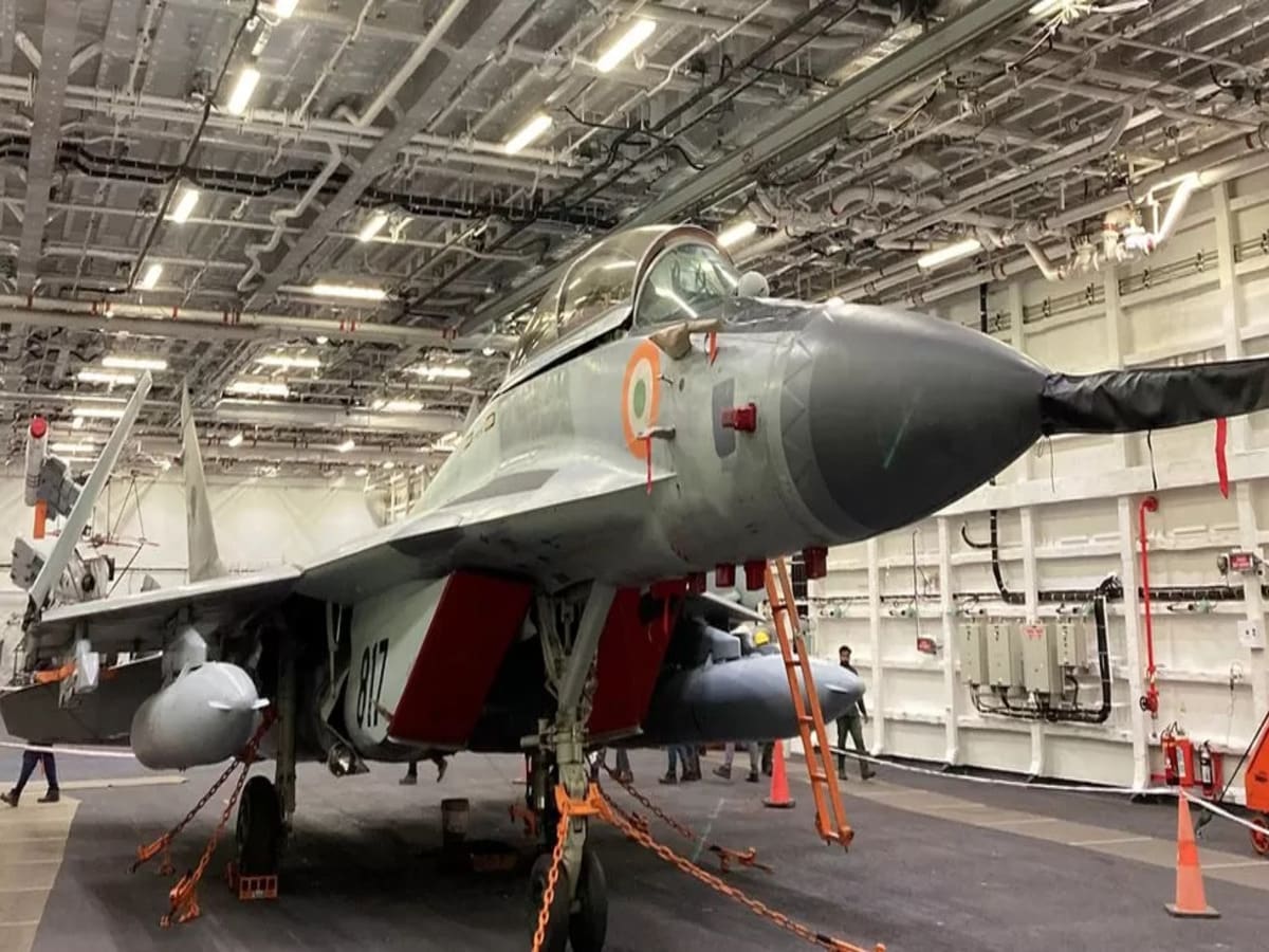 A MiG-29K inside the hangar on board