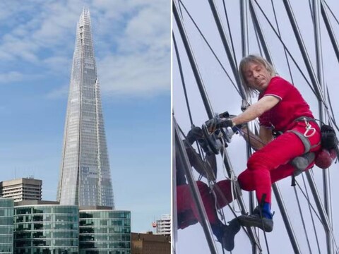 फ्रेंच स्पाइड मैन के नाम से मशहूर एलेन रॉबर्ट (Alain Robert) ने 60 साल पूरे होने की खुशी में खुद को एक अजीबोगरीब ट्रीट दी. (Credit- AFP)
