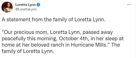 Tweet from deceased Loretta Lynn