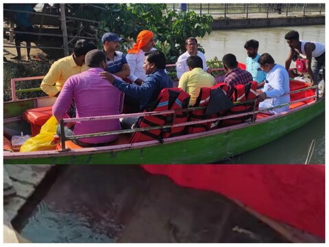 बस्‍ती में बाढ़ पीड़ि‍तों को राहत सामग्री बांटने जा रही नाव पानी में डूबने से बच गई. 