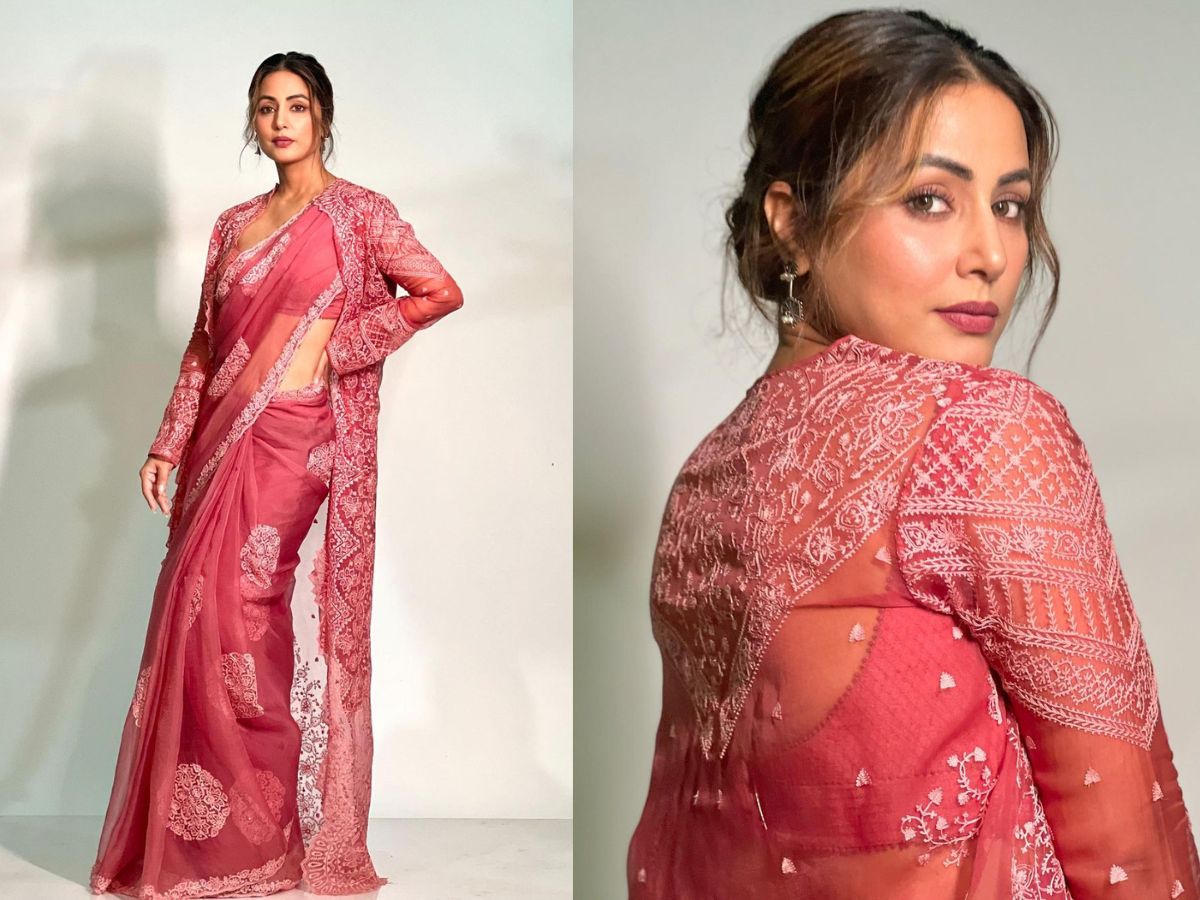  आप फेस्टिव सीजन में क्लासी और खूबसूरत दिखने के लिए हिना खान की तरह चिकनकारी डिजाइन की साड़ी पहन सकती हैं और उसी कपड़े का लंबा फुल स्लीव श्रग भी पहन सकती हैं. ये आपको सादगी से भरा और सुंदर लुक देगा. (Image-Instagram/@realhinakhan)