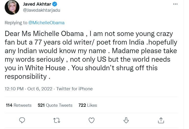Javed Akhtar's reply to Michael Obama, Javed Akhtar Ted Talk, Javed Akhtar, Javed Akhtar son, Javed Akhtar, Michelle Obama, Michelle Obama, former first lady of America Michelle Obama, Javed Akhtar's tweet reply, Javed Akhtar got trolled, Bollywood songwriter javed akhtar, e Ellen Degeneres, Michelle Obamas The Light We Carry tour, the light we care tour tickets, michelle obama book, javed akhtar ghazal, javed akhtar's wife, javed akhtar twitter, javed akhtar poetry, michelle obama as a child, michelle obama website, javed akhtar poetry, javed akhtar net worth, michelle obama visit 'The Light We Carry', Ellen DeGeneres, Gayle King, Elizabeth Alexander, Conan O'Brien, Javed Akhtar,