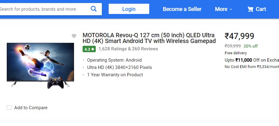 Motorola Revou-Q 127cm (50 इंच) QLED अल्ट्रा HD (4K) स्मार्ट एंड्रॉयड TV: इस टीवी को सेल में 20% की छूट पर घर लाया जा सकता है. TV को 59,999 रुपये के बजाए 47,999 रुपये में खरीदा जा सकता है. एक्सचेंज ऑफर के तहत इसपर 11,000 रुपये की छूट पाई जा सकती है. (फोटो: Flipkart)