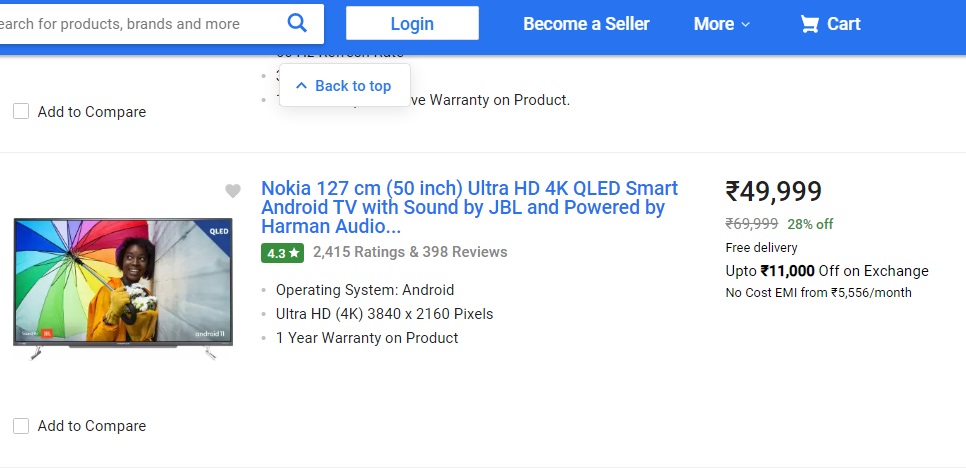 Nokia 127 cm (50 इंच) अल्ट्रा HD 4K QLED स्मार्ट एंड्रॉयड TV को सेल में 48% के डिस्काउंट पर खरीदा जा सकता है. इस टीवी को ग्राहक 69,999 रुपये के बजाए सिर्फ 49,999 रुपये में खरीद सकते हैं. ग्राहक एक्सचेंज ऑफर के तहत इसपर 11,000 रुपये की छूट पा सकते हैं. (फोटो: Flipkart)