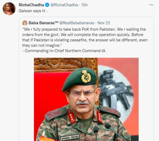 Richa chadha, Richa chadha tweet, indian alrmy, galvan valley, china border, richa chadha news, bollywood news hindi, गलवान घाटी, ऋचा चड्ढा, भाजपा, उपेंद्र द्विवेदी, भारतीय सेना, बॉलीवुड न्यूज