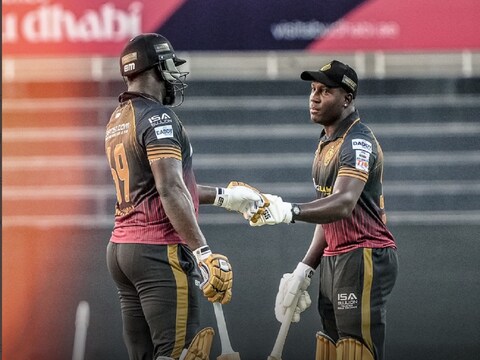 T10 League: रोवमैन पॉवेल ने टी20 लीग में 28 गेंद में 9 छक्कों की मदद से 76 रन की नाबाद पारी खेली. (T10 League twitter)