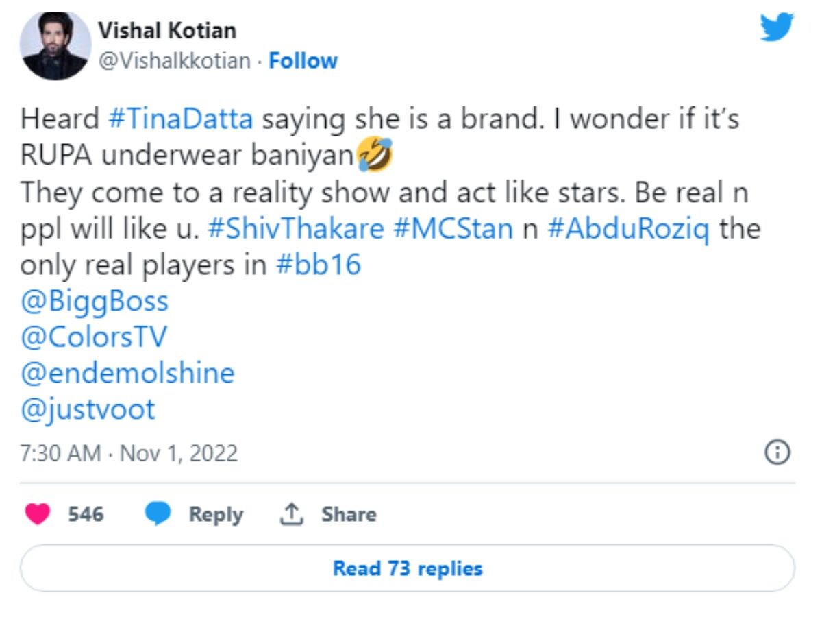 Bigg Boss 16: Vishal Kotian Compares Tina Datta To “Rupa Underwear