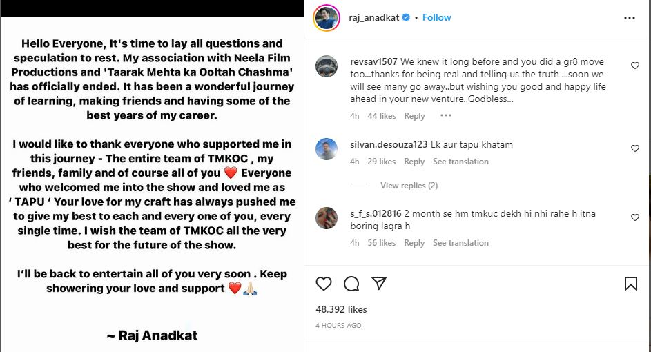 Big shock for the fans of 'Taarak Mehta Ka Ooltah Chashmah', now this lead character said goodbye to the show Raj Anadkat