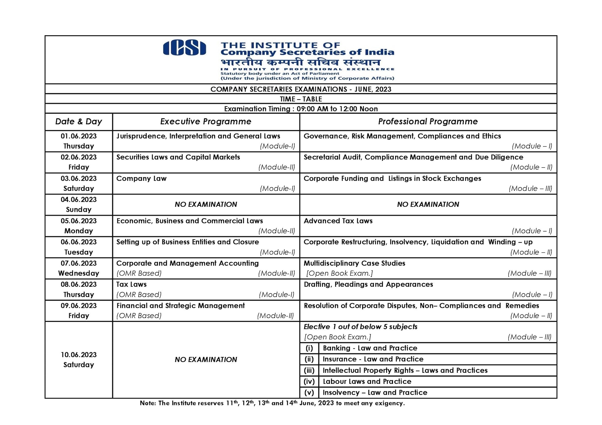 icsi-cs-june-2023-time-table