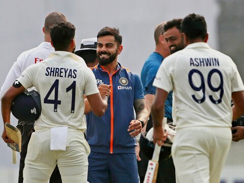 बांग्लादेश के खिलाफ मीरपुर टेस्ट मैच जीतने के बाद विराट कोहली, श्रेयस अय्यर और आर अश्विन-AP