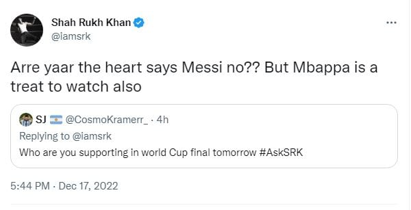 shahrukh khan, srk, actor shahrukh khan, shahrukh khan on messi, shahrukh khan on kylian mbappe, shahrukh khan on fifa world cup final, shahrukh khan on messi mbappe, france vs argentina final, lionel messi, kylian mbappe, argentina vs france final fifa world cup, fifa world cup, fifa world cup 2022, fifa world cup final, arg vs fra fifa world cup final, hindi football news, football news hindi, fifa world cup final arg vs fra, argentina football team, france national football team,लियोनल मेसी, किलियन एम्बाप्पे, अर्जेंटीना बनाम फ्रांस फाइनल, फुटबॉल विश्व कप फाइनल अर्जेंटीना बनाम फ्रांस, शाहरुख खान, अभिनेता शाहरुख खान