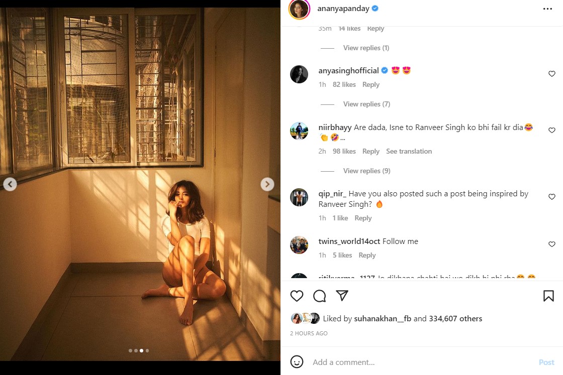  एक यूजर ने एक्ट्रेस की पोस्ट पर कमेंट करते हुए लिखा, 'अरे दादा, इसने तो रणवीर सिंह को भी फेल कर दिया'. एक दूसरे ने अनन्या से सवाल किया है ' क्या आपने एक्टर रणवीर सिंह से प्रेरित होकर ऐसी पोस्ट की है? '(फोटो साभार: ananyapanday/Instagram)