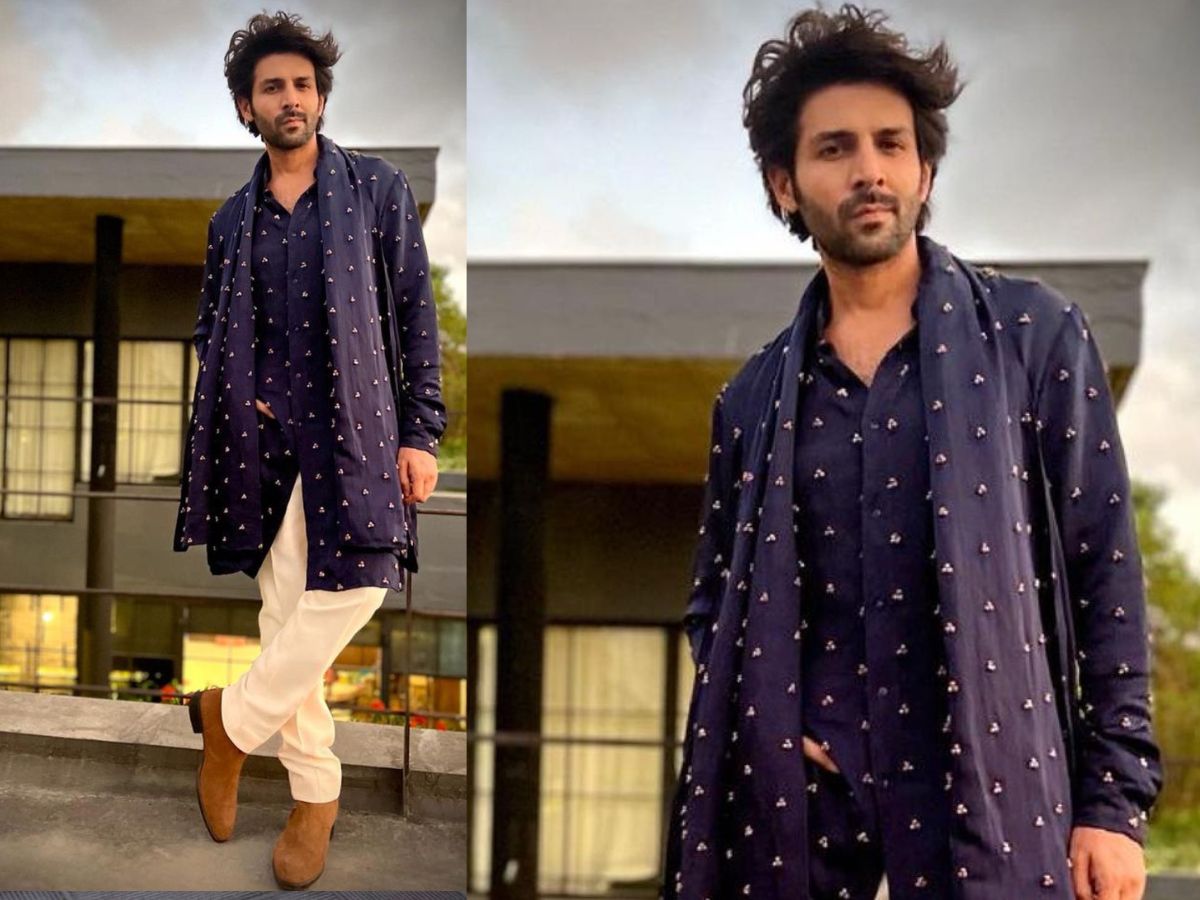 आप ब्लू शेड के कुर्ते के साथ मैचिंग दुपट्टा लें. जूती की जगह आप कैमल कलर्ड शूज भी पहन सकते हैं.(Image-Instagram/kartikaaryan)