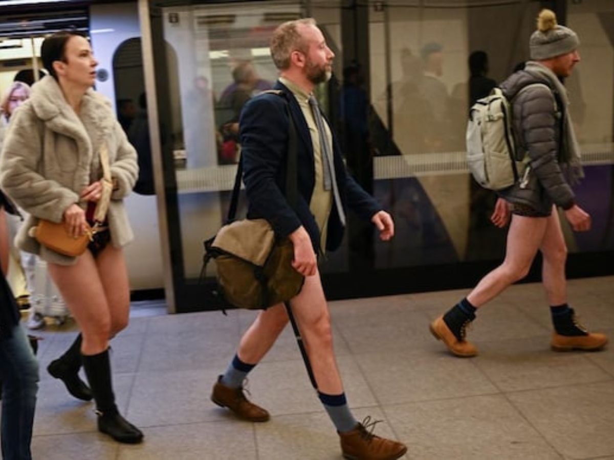 No Trousers Day participants line up for a group photo at the annual No  Pants Subway Ride in the London Underground Stock Photo  Alamy