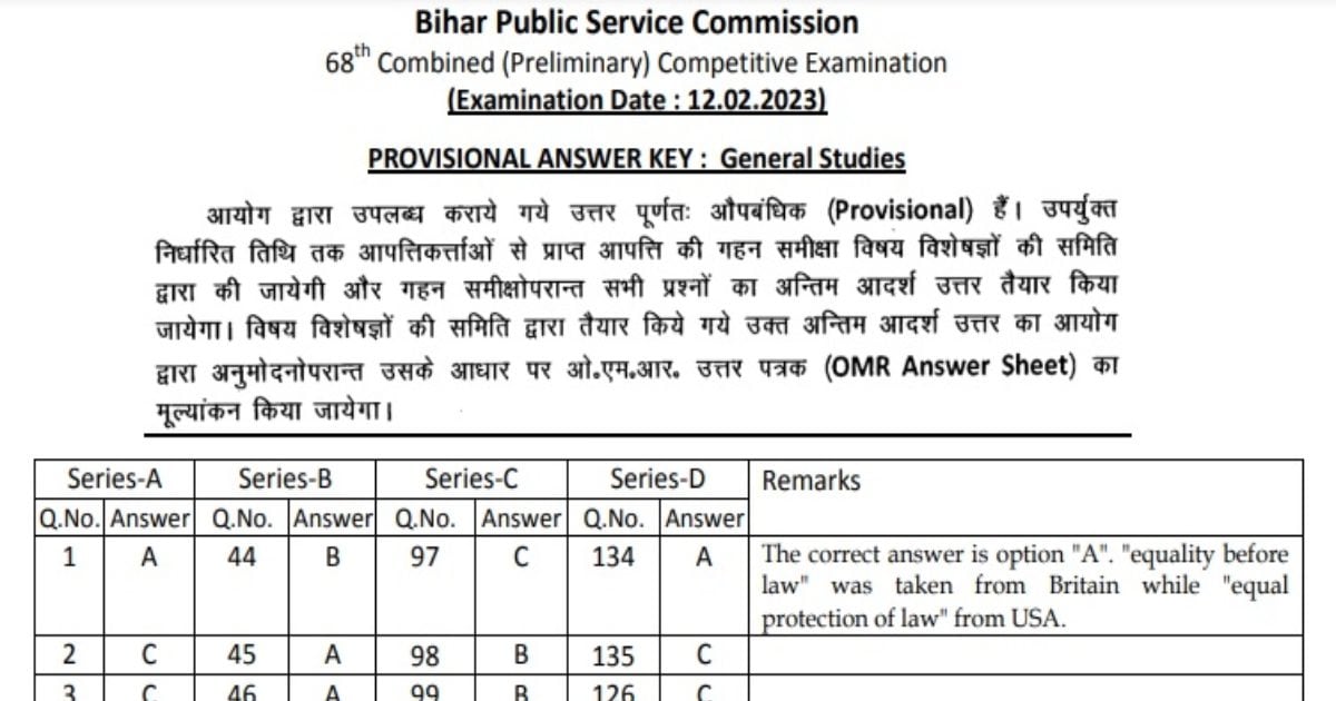 BPSC 68th Prelims Answer Key 2023 Has Released Download From Direct ...