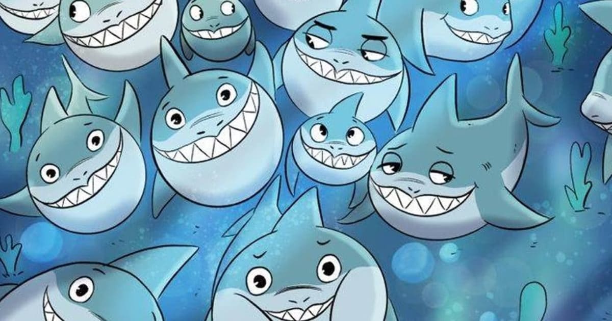 The fish hid in the herd of dangerous sharks, started showing teeth together;  can you find it in 5 seconds