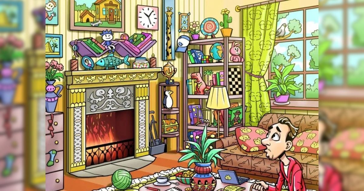 A dog is hiding in a colorful room, the owner is searching with a leash in his/her hand;  Can you help with the search?