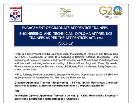 

Govt Jobs 2023 : एचपीसीएल में 86 ग्रेजुएट अप्रेंटिसशिप वैकेंसी है. 