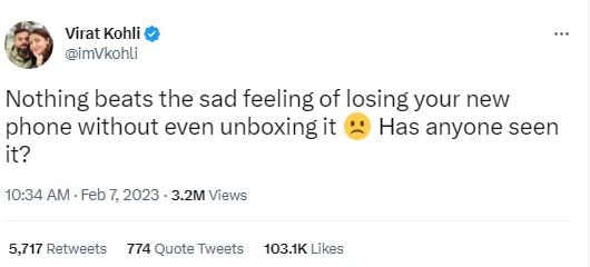 Virat Kohli tweets about being sad after losing new phone. Zomato responds