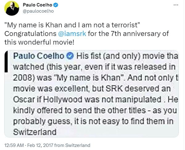 Shah Rukh Khan, the alchemist writer paulo coelho, paulo coelho praises pathaan actor, paulo coelho praises shah rukh khan, shah rukh khan age, shah rukh khan Life, shah rukh khan Pathaan Collection, Pathaan Box Office Collection, shah rukh khan Age, Shah Rukh Khan upcoming Movies, Shah Rukh Khan Son, Shah Rukh Khan daughter, Shah Rukh Khan Net worth, Shah Rukh Khan last Movie, Shah Rukh Khan wife, Shah Rukh Khan My name is Khan, Shah Rukh Khan Pathan, paulo coelho the alchemist, paulo coelho tweets, paulo coelho like Shah Rukh Khan Movies