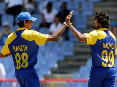 श्रीलंका के दिग्गज लसिथ मलिंगा साथी सूरज रंदीव के साथ-AP