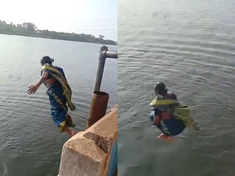 
वीडियो में मह‍िला करीब 40 फुट ऊंचे पुल से ताम्रबरनी नदी में छलांग लगाती दिख रही हैं. (Photo-twitter-@supriyasahuias)