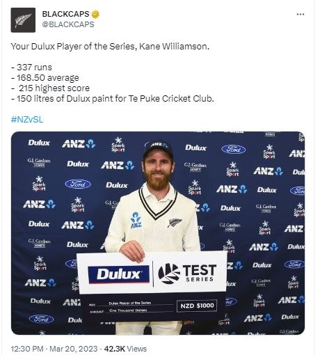 kane williamson, nz vs sl test series, nz vs sl test, kane williamson player of the series, kane williamson 150 litre paint, kane williamson recieves 150 litre paint, kane williamson paint award, kane williamson 150 litre paint for player of the series, kane williamson 150 litre paint gift, new zealand vs sri lanka, केन विलियम्सन, न्यूजीलैंड बनाम श्रीलंका मैच 