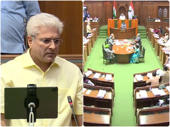 दिल्ली विधानसभा में वर्ष 2023-24 के लिए बजट पेश करते वित्त मंत्री कैलाश गहलोत. (एएनआई)